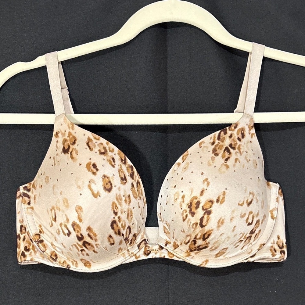 Victoria's Secret Plunge Bra Leopard Print Rhinestone Crystal Beige Brown Sz 34D